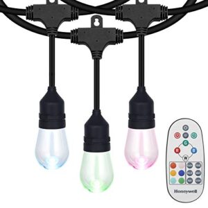 honeywell 24ft linkable water resistant led indoor outdoor color changing string light with remote control, commercial grade patio lights with 8 plastic e26 bulbs create cafe ambience in your backyard