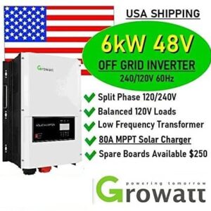 ixaer Wave Power Inverter Growatt 48V 6kW 120/240V Split Phase Solar Inverter Built-in 80A MPPT Solar Charge Controller