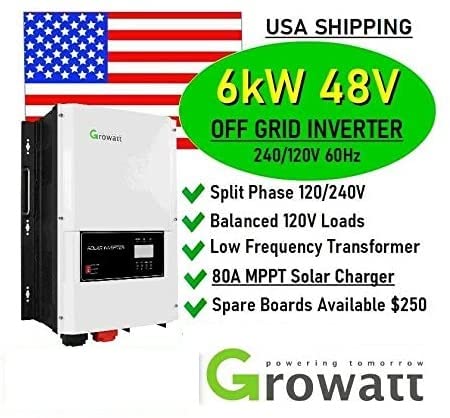 ixaer Wave Power Inverter Growatt 48V 6kW 120/240V Split Phase Solar Inverter Built-in 80A MPPT Solar Charge Controller