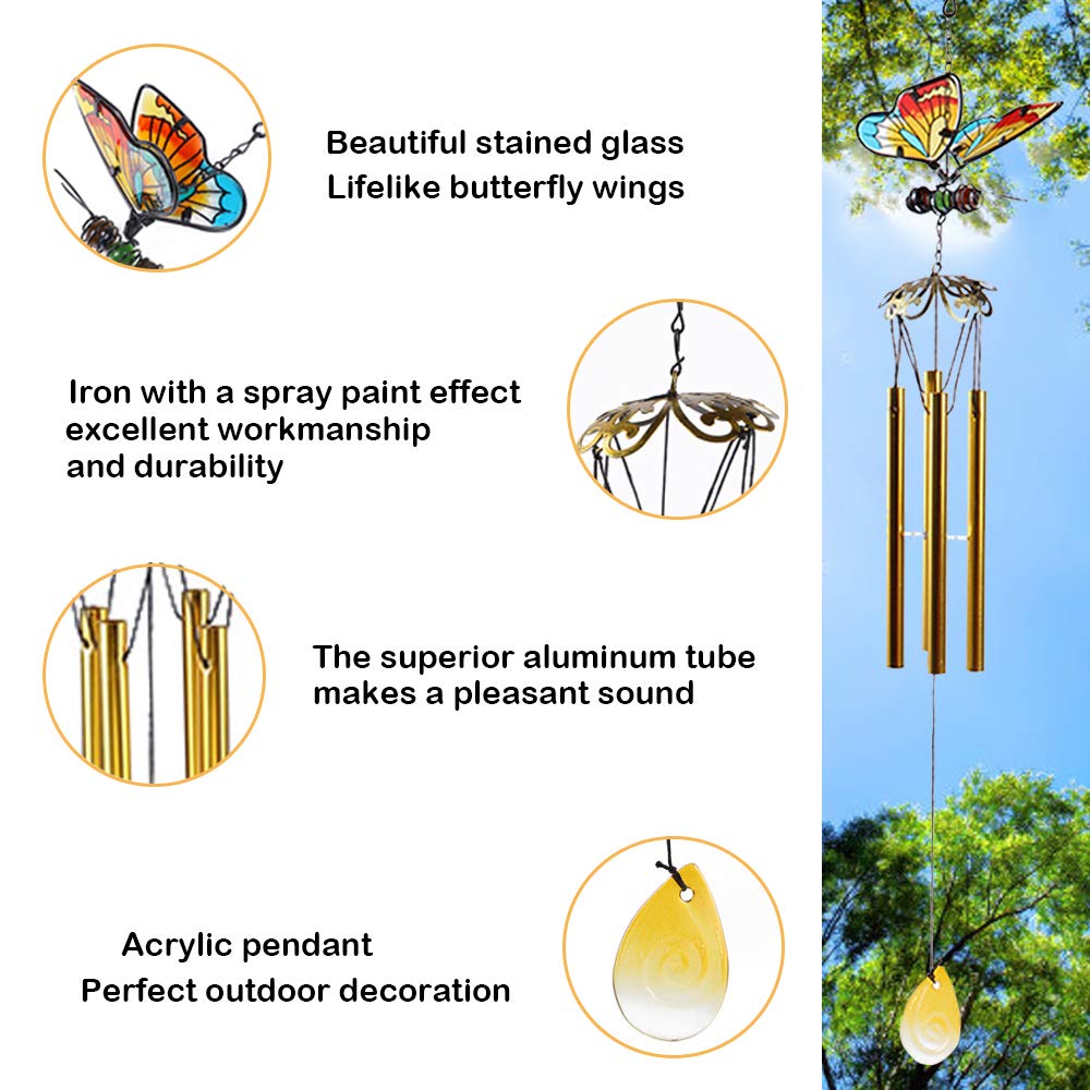 Butterfly Wind Chimes, AVEKI 27.5''H Iron Stained Glass Butterfly Wind Chimes Gifts for Mom Outdoor/Indoor Wind Chimes for Home, Garden, Window, Yard, Patio, Lawn Decoration (Yellow)