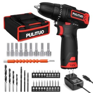 pulituo cordless drill/driver kit, power drill set with 35n.m torque, 20+1 clutch, 3/8" keyless chuck, 2-variable speed-12v electric drill driver for wood bricks walls metal