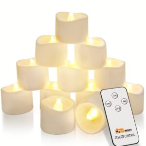 homemory flickering flameless candles with remote, timer candles battery operated, tea lights candles, small fake electric battery votive candles for table centerpiece, halloween, christmas, 12pcs