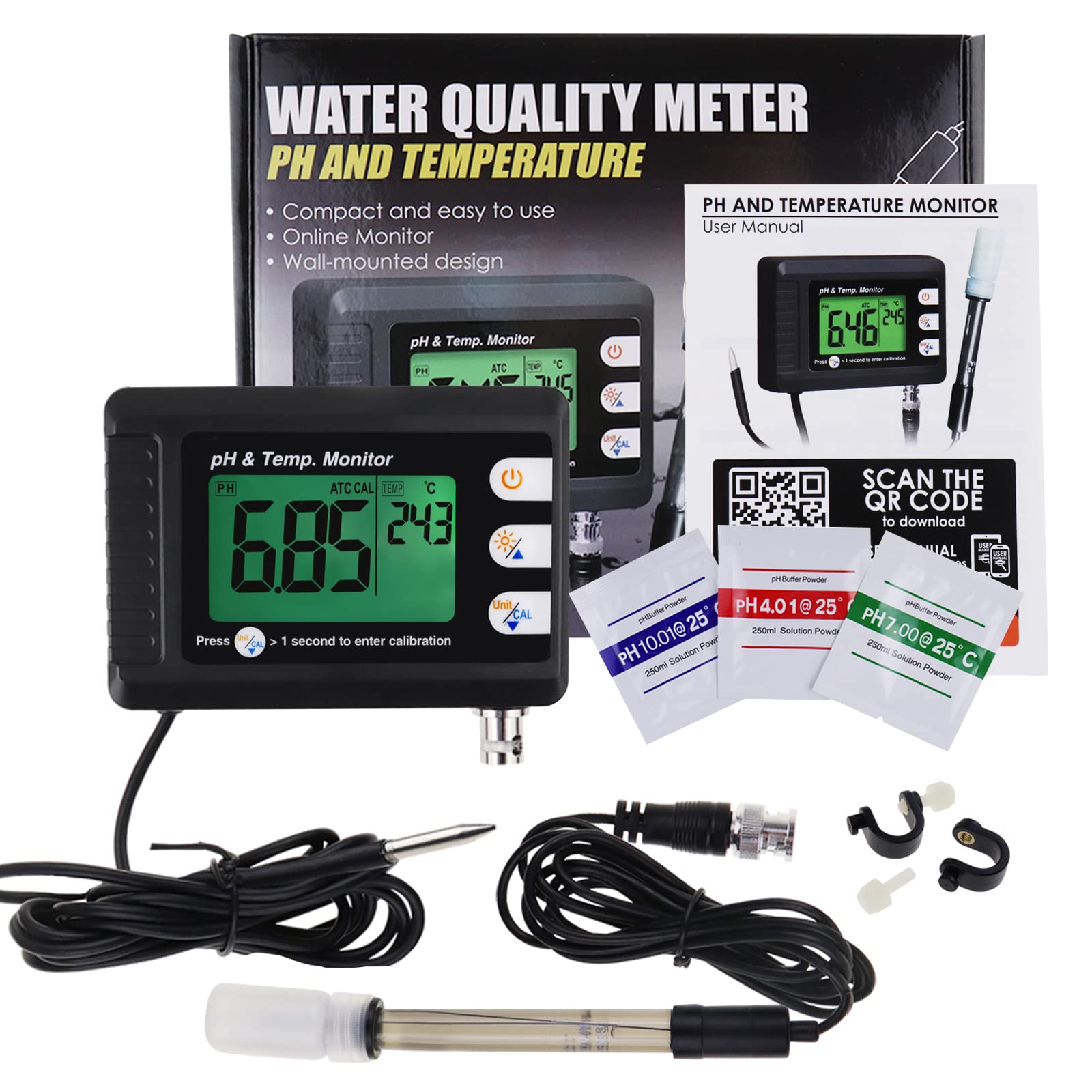 pH Monitor Digital pH Meter&Temperature Meter Water Quality Tester with ATC and Automatic Calibration Function, pH Tester for hydroponics, Aquarium, Pools, etc.