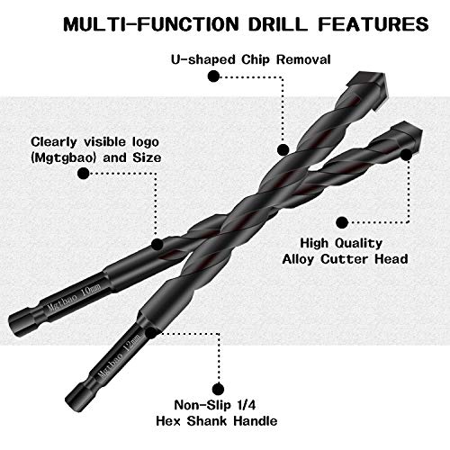 10PCS Masonry Drill Bits Set, Mgtgbao Tile Drill Bit Set for Glass, Brick, Tile, Concrete, Plastic and Wood Tungsten Carbide Tip for Ceramic Tile with Size 5mm 6mm 8mm 10mm 12mm