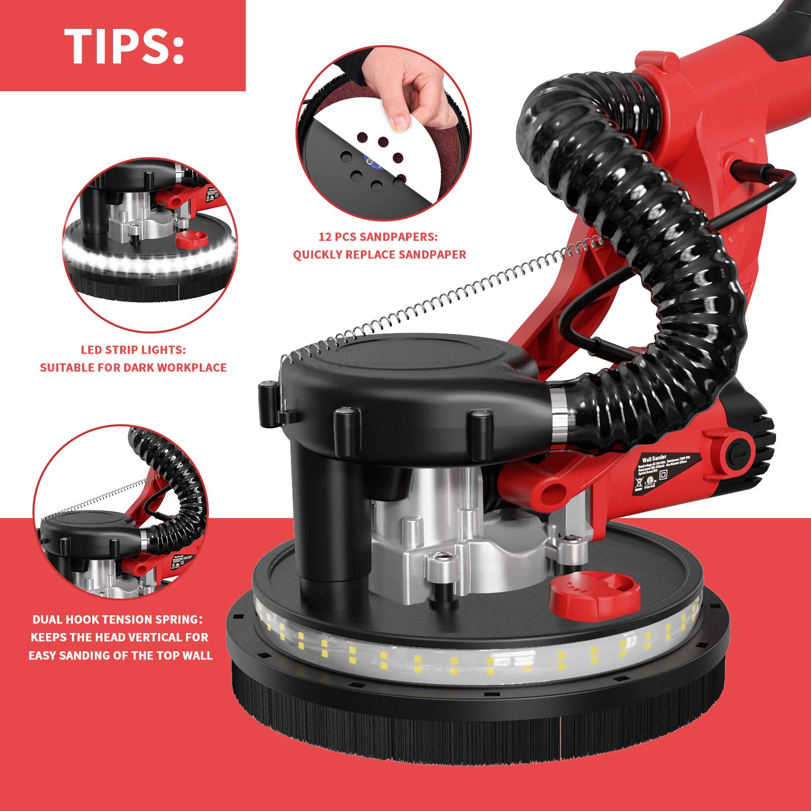 YATTICH Drywall Sander, 750W Electric Sander with 12 Pcs Sanding discs, 7 Variable Speed 800-1750 RPM Wall Sander with Extendable Handle, LED Light, Long Dust Hose, Storage Bag, YT-916