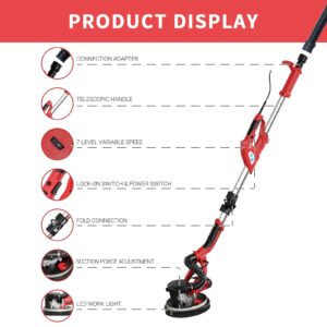 YATTICH Drywall Sander, 750W Electric Sander with 12 Pcs Sanding discs, 7 Variable Speed 800-1750 RPM Wall Sander with Extendable Handle, LED Light, Long Dust Hose, Storage Bag, YT-916