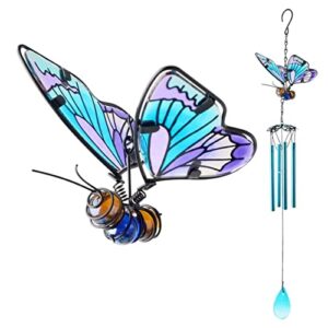 butterfly wind chimes, aveki 27.5''h iron stained glass butterfly wind chimes gifts for mom outdoor/indoor wind chimes for home, garden, window, yard, patio, lawn decoration (blue)