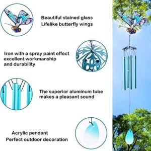 Butterfly Wind Chimes, AVEKI 27.5''H Iron Stained Glass Butterfly Wind Chimes Gifts for Mom Outdoor/Indoor Wind Chimes for Home, Garden, Window, Yard, Patio, Lawn Decoration (Blue)