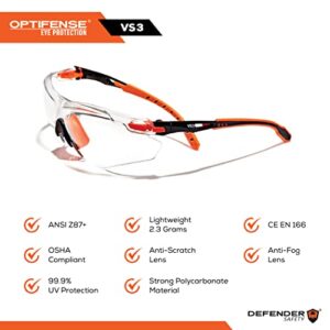 OPTIFENSE™ VS3 Anti Fog, Premium CLEAR/TINTED Safety Glasses, ANSI Z87+, (Orange Frame, Clear Lens)