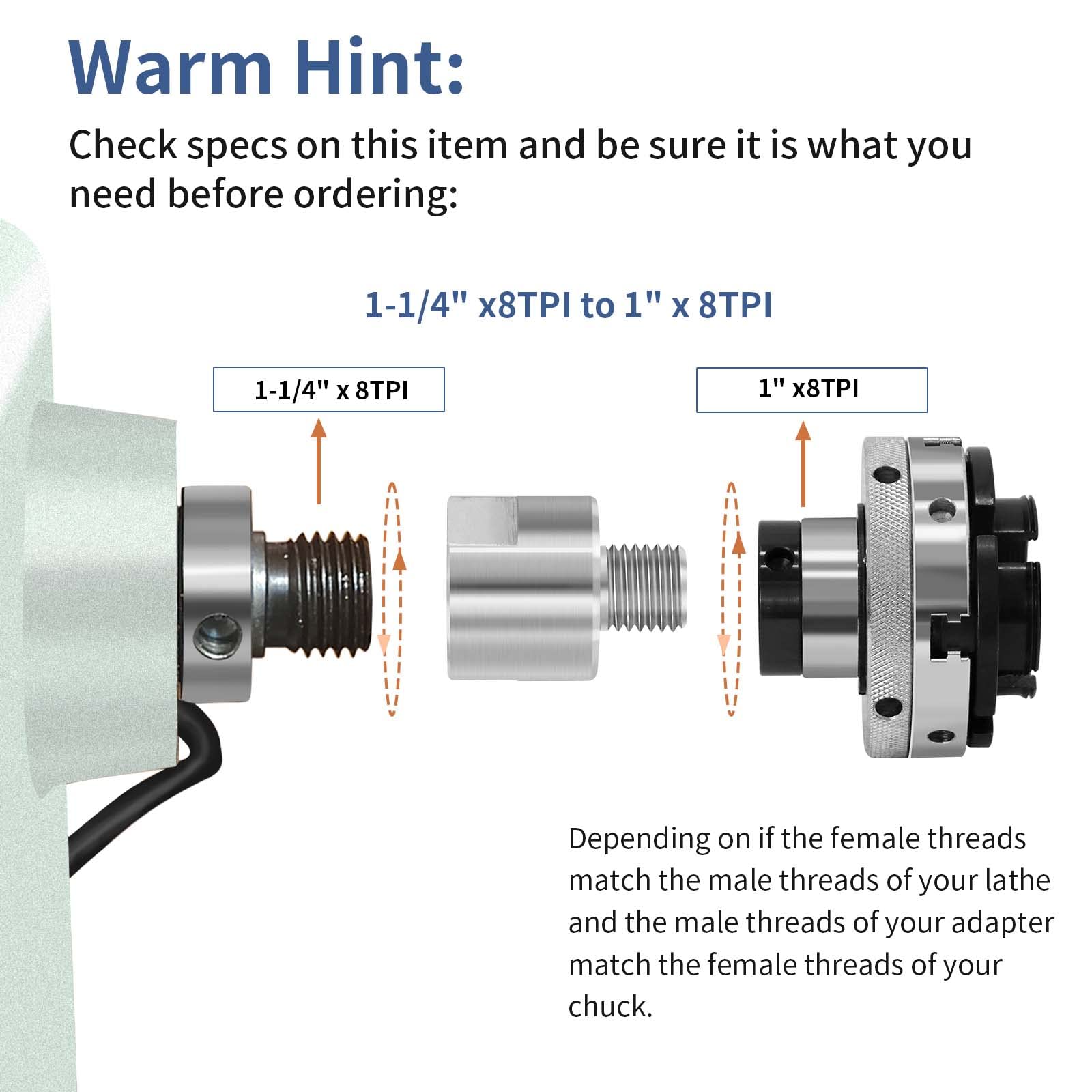 PNBO Woodworking Lathe Headstock Spindle Adapter, Converts 1-1/4" x 8TPI to 1" x 8TPI