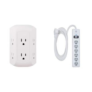 ge pro 6 outlet surge protector adapter spaced tap, 3-prong power strip, white & 6 outlet surge protector, 10 ft extension cord, power strip, 800 joules, flat plug, white, 14092