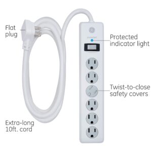 GE Pro 6 Outlet Surge Protector Adapter Spaced Tap, 3-Prong Power Strip, White & 6 Outlet Surge Protector, 10 Ft Extension Cord, Power Strip, 800 Joules, Flat Plug, White, 14092