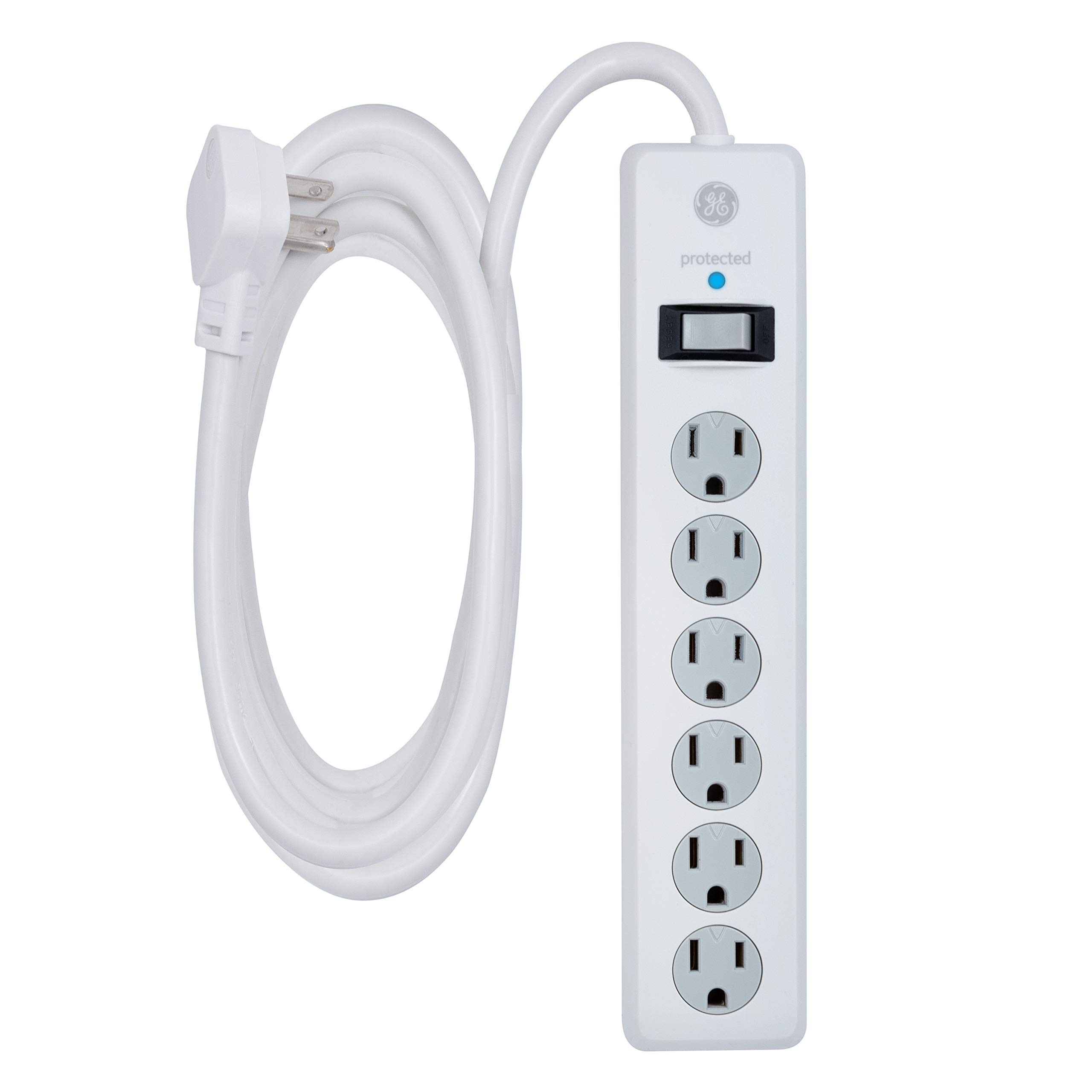 GE Pro 6 Outlet Surge Protector Adapter Spaced Tap, 3-Prong Power Strip, White & 6 Outlet Surge Protector, 10 Ft Extension Cord, Power Strip, 800 Joules, Flat Plug, White, 14092