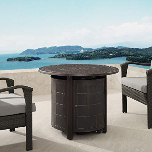 Fire Sense 63691 Columbia Floral Aluminum Convertible Gas Fire Pit Table 37,000 BTU Multi-Functional Outdoor with Fire Bowl Lid, Nylon Weather Cover & Clear Fire Glass - Bronze Finish - Round - 33"