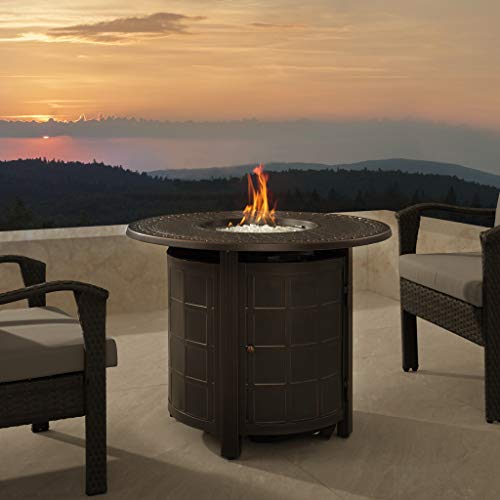 Fire Sense 63691 Columbia Floral Aluminum Convertible Gas Fire Pit Table 37,000 BTU Multi-Functional Outdoor with Fire Bowl Lid, Nylon Weather Cover & Clear Fire Glass - Bronze Finish - Round - 33"