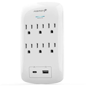 fosmon wall outlet extender surge protector - 6 outlet wall adapter with 2 usb charging ports (1 usb-a, 1 usb-c), multi plug outlet, splitter outlet for home, dorm essentials, 1225 joules, etl listed