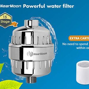 NearMoon Shower Head and 15 Stage Shower Filter Combo, High Pressure Filtered Showerhead for Hard Water, Improves the Condition of Your Skin, Hair - 1 Replaceable Filter Cartridge (8 Inch, Chrome)