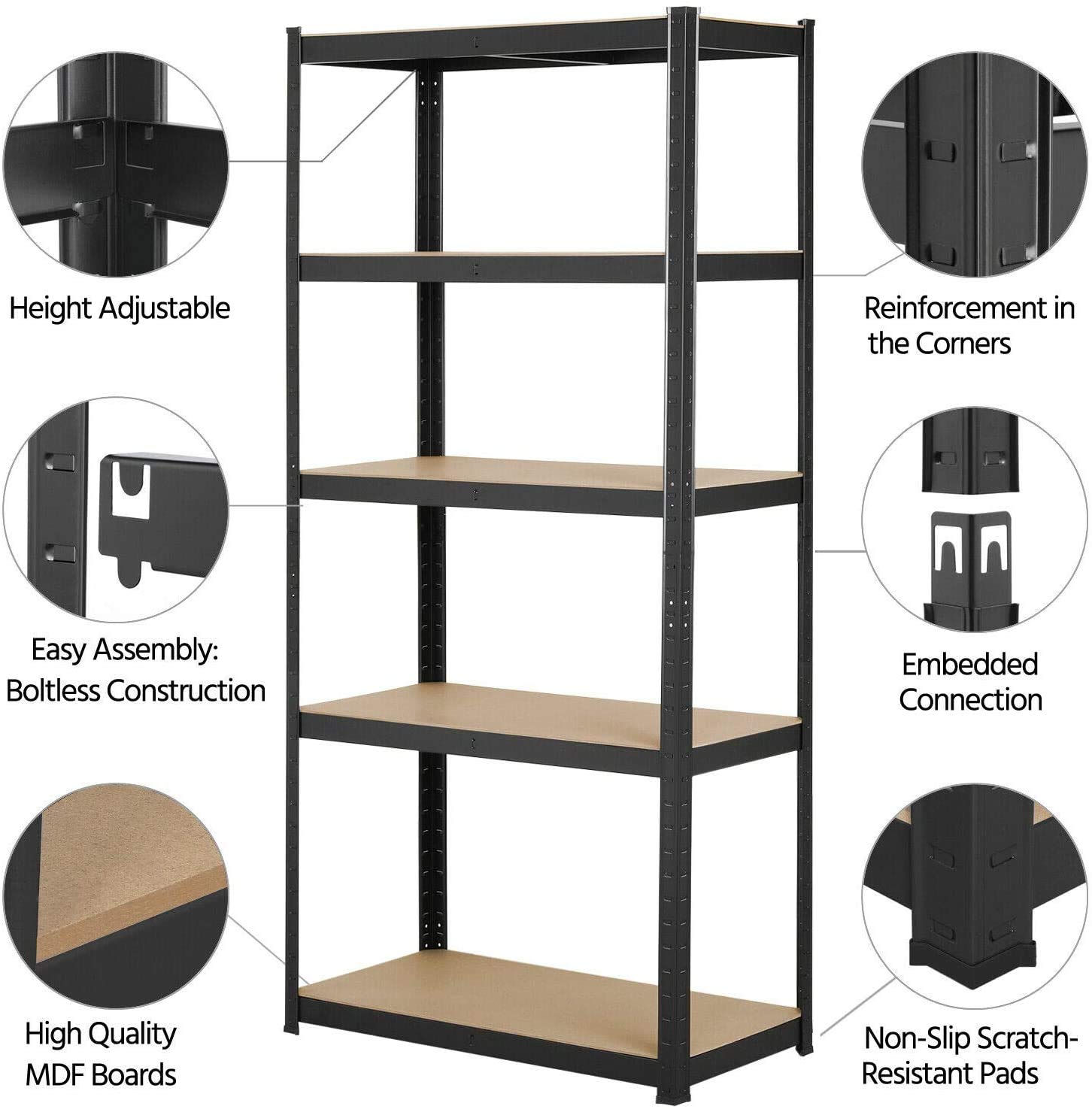 Baconfryegg 70.86" Storage Shelves Hardware & Outdoor Heavy Duty Garage Shelf Steel Metal Storage Shelving Unit, 5 Level Adjustable Shelf for Home/Office/Dormitory/Garage, 70" H x 35" W x 15" Deep