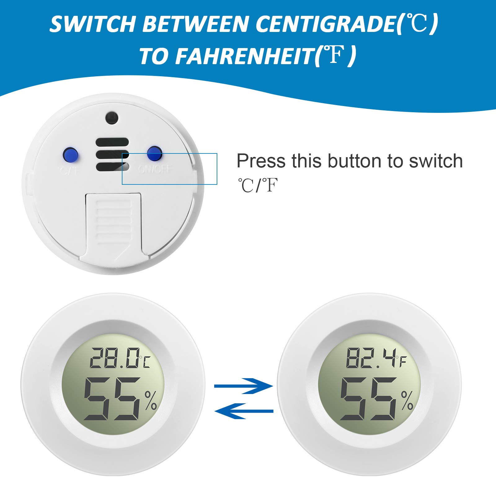 8 Pieces Mini Hygrometer Thermometer Round Digital Humidity Gauge Monitor Electronic Humidity Temperature Meter LCD Display Indoor Outdoor Hygrometer Thermometer for Greenhouse Home Kitchen (White)