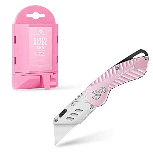 FantastiCAR Pink Folding Utility Knife Gift Box Cutter Lightweight and 100 Blades with Dispenser