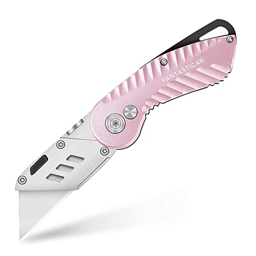 FantastiCAR Pink Folding Utility Knife Gift Box Cutter Lightweight and 100 Blades with Dispenser