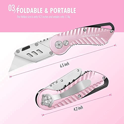 FantastiCAR Pink Folding Utility Knife Gift Box Cutter Lightweight and 100 Blades with Dispenser