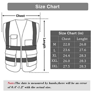 WORCBGIO Reflective Safety Vest with Pockets High Visibility Sliver Strip for Men and Women (Black, Medium)