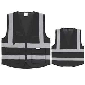 WORCBGIO Reflective Safety Vest with Pockets High Visibility Sliver Strip for Men and Women (Black, Medium)