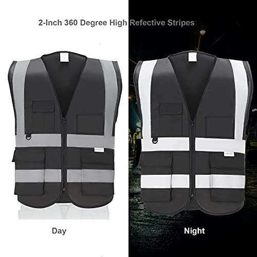 WORCBGIO Reflective Safety Vest with Pockets High Visibility Sliver Strip for Men and Women (Black, Medium)