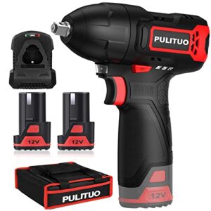 pulituo 3/8” cordless impact wrench, 12v electric impact gun max torque 120 n.m, power impact wrench with 2 pcs 2000mah li-ion battery & 1-hour fast charger