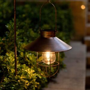 2pack solar metal hanging lantern with shepherd hook outdoor led garden lights brushed copper