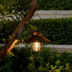 2Pack Solar Metal Hanging Lantern with Shepherd Hook Outdoor Led Garden Lights Brushed Copper