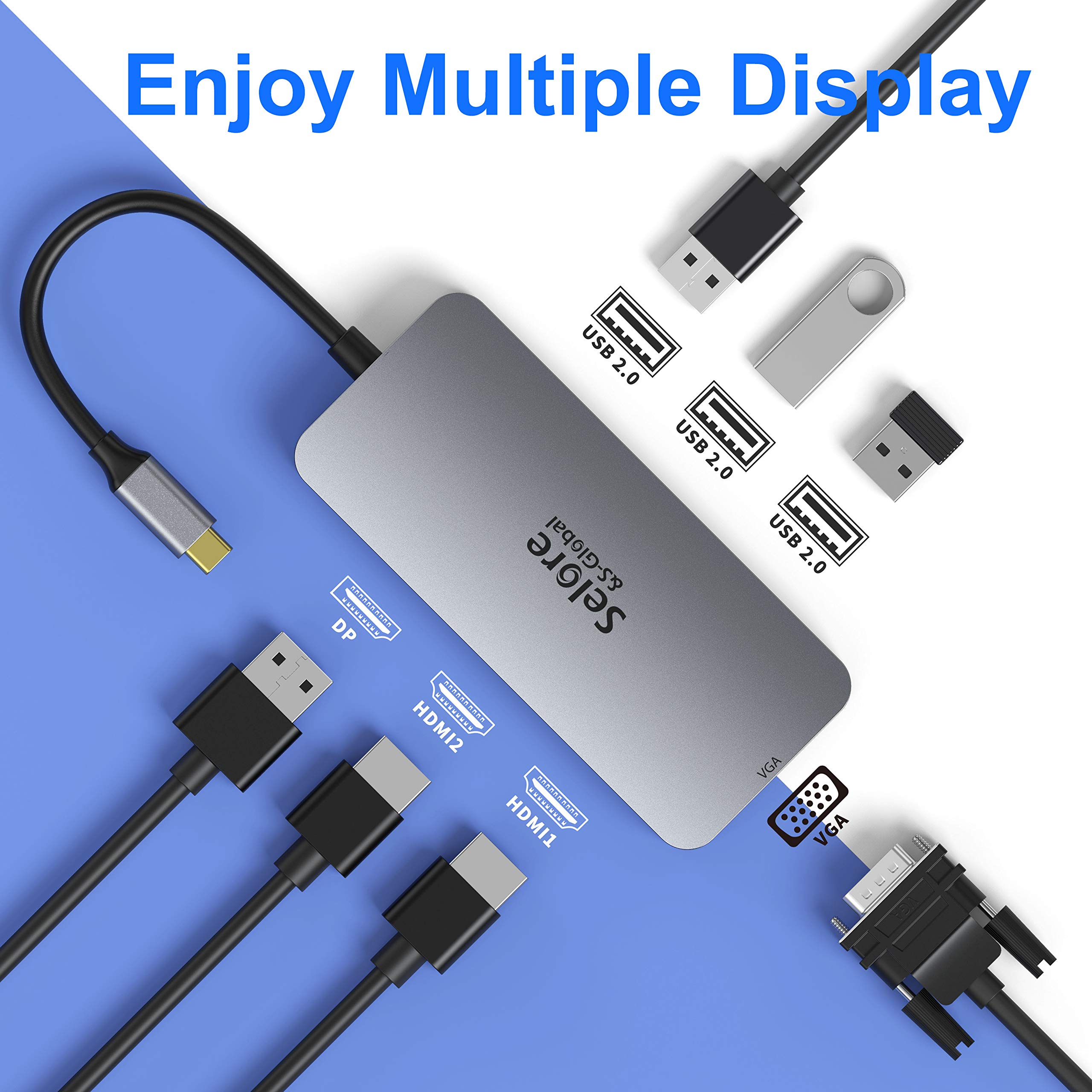USB C to Dual HDMI Adapter,7 in 1 USB C Docking Station to Dual HDMI Displayport VGA Adapter,USB C to 3USB 2.0, Multi Monitor Adapter for Dell XPS 13 15,Lenovo Yoga,Huawei Matebook X pro,etc