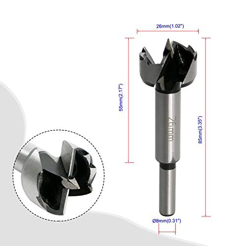 Aopin Forstner Drill Bit Professional Woodworking Hole Saw, Precision Shear Multi-Tooth High Carbon Steel, Cutting Diameter 26mm(1.02"), Silver, 1Pcs