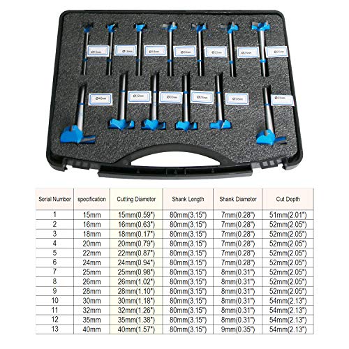 Aopin Forstner Drill Bit Set Professional Carbide Forstner Bits High Speed Steel Hinge Woodworking Hole Saw Round Shank 15mm-40mm, 13Pcs(1 Kit)…