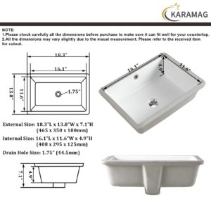 18 Inch Undermount Bathroom Sink Small Rectangle Undermount Sink White Ceramic Under Counter Bathroom Sink with Overflow (18.3"x13.8")