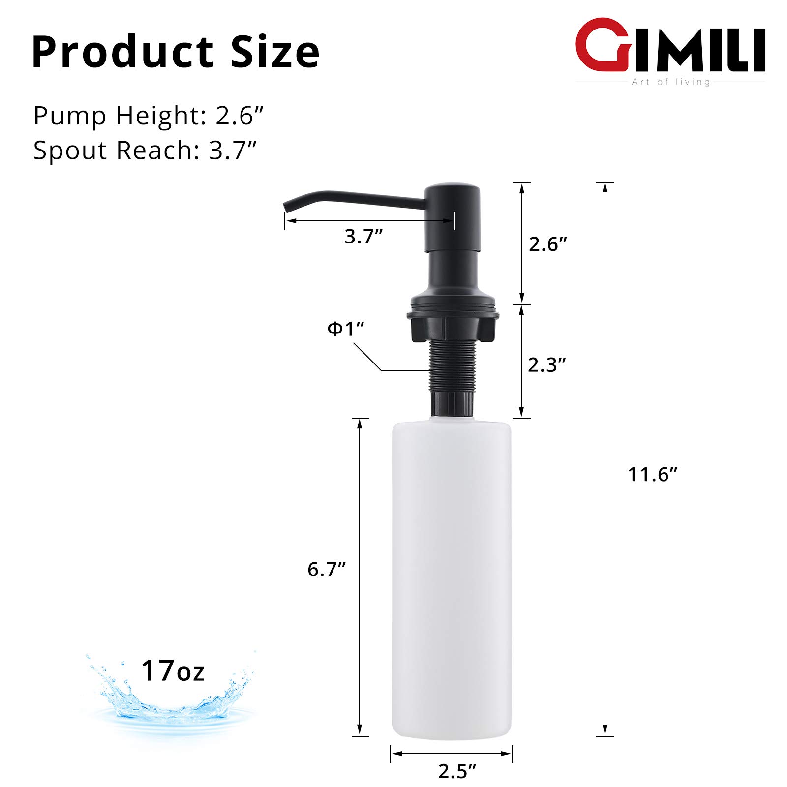 GIMILI Built in Sink Soap Dispenser or Lotion Dispenser for Kitchen Sink, Matte Black ABS Pump Head, with 17 OZ Large PET Soap Bottle