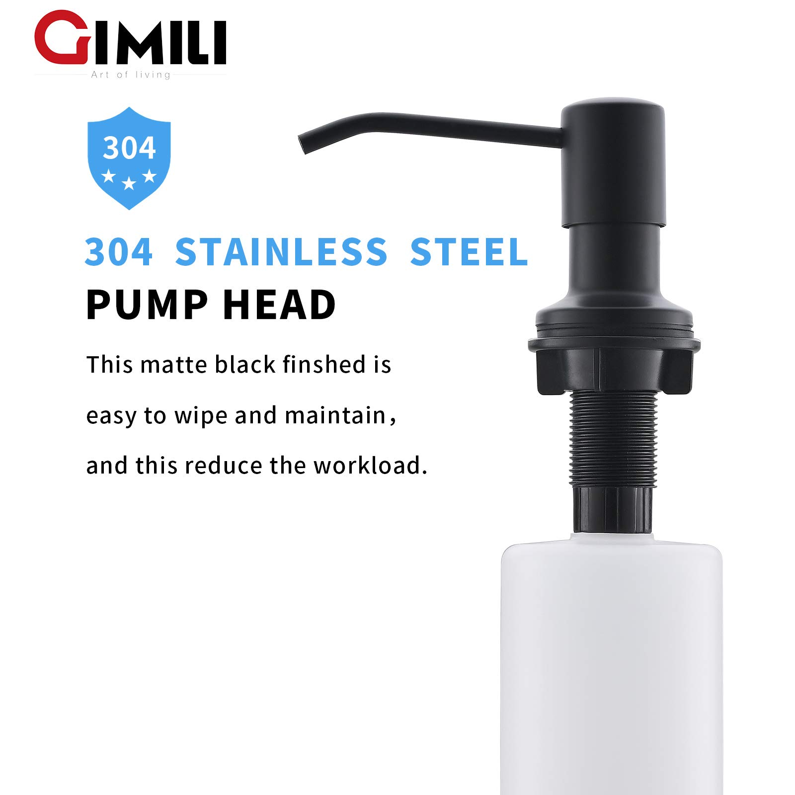 GIMILI Built in Sink Soap Dispenser or Lotion Dispenser for Kitchen Sink, Matte Black ABS Pump Head, with 17 OZ Large PET Soap Bottle