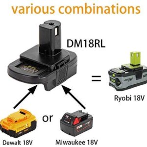 AWOKE DM18RL Battery Adapter for Dewalt for Milwaukee 20V/18V Li-Ion Battery Convert to for Ryobi 18V P108 ABP1801 Battery with USB Port