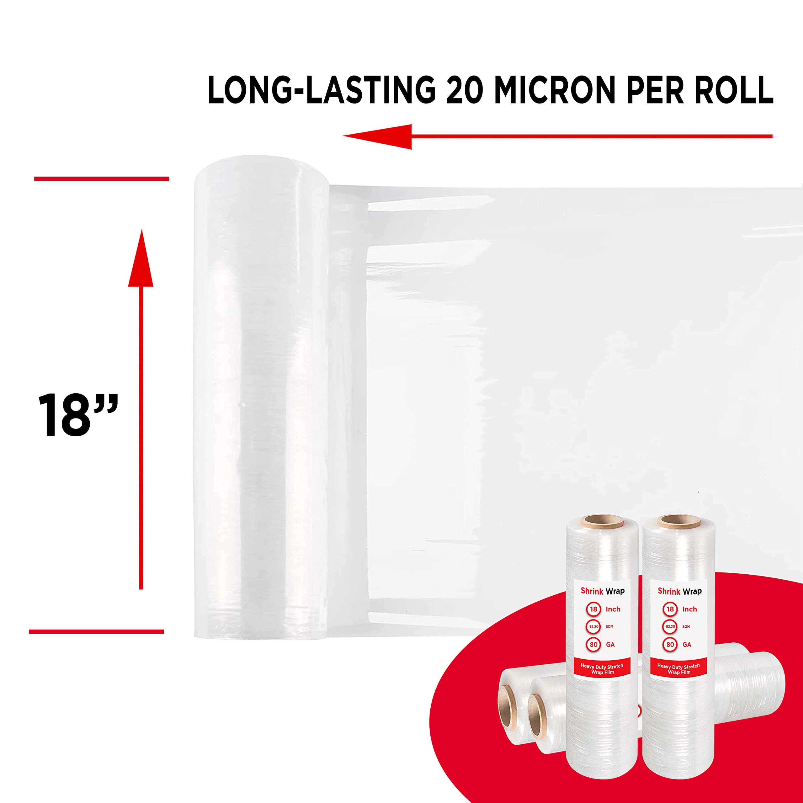 Shrink Wrap 4-Rolls Heavy Duty Stretch Wrap Film Industrial Strength Thick Clear Plastic Pallet Supplies Durable Self-Adhering, Packing, Moving, 18" x 97.20 SQM 80 Gauge (20 Micron)