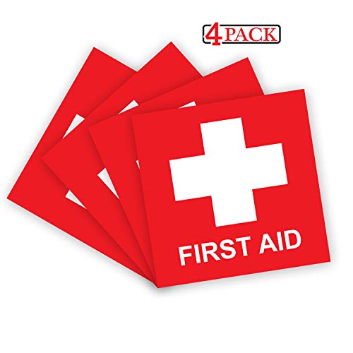 First Aid Sticker, First Aid Decal, Emergency 4 x 4 Inches, First Aid Sticker for Box, Emergency First Aid Kit Signs Stickers, Water Resistance, First Aid Sign, Indoor & Outdoor (4-PK)