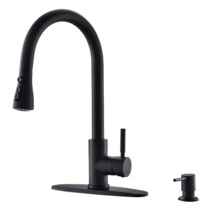 bokaiya black kitchen faucet with soap dispenser, high arch single level stainless steel pull out kitchen faucet, matte black kitchen faucet with pull down sprayer one hole or 3 hole