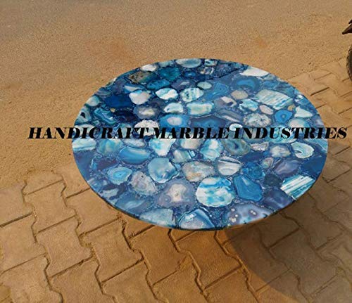 24" Inch Round Blue Agate Stone Round Coffee Table Top, Blue Agate Stone Round Centre Table Top, Blue Agate Stone Round Side & Corner Table Top Home Decor, Piece of Conversation, Family HeirLoom