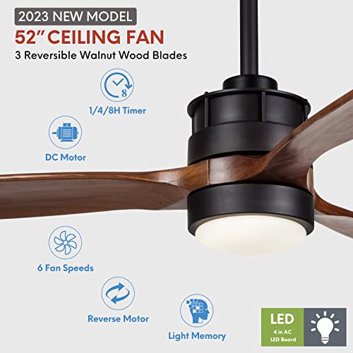 EKIZNSN 52 Inch Outdoor Ceiling Fans for Patios with Light and Remote Control, DC Motor, 3 Reversible Walnut Wood Blades