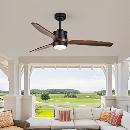 EKIZNSN 52 Inch Outdoor Ceiling Fans for Patios with Light and Remote Control, DC Motor, 3 Reversible Walnut Wood Blades