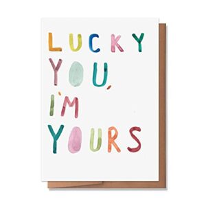 wunderkid funny happy valentine's day card, lucky you i'm yours anniversary love card for him or her (1 single card, blank inside)