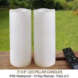 HOME MOST Pack of 2 White LED Candles Outdoor 3x8 - Unscented IP65 Waterproof Battery Powered Flameless LED Pillar Candles with Remote and Timer - Battery Operated Flameless Candles Flickering