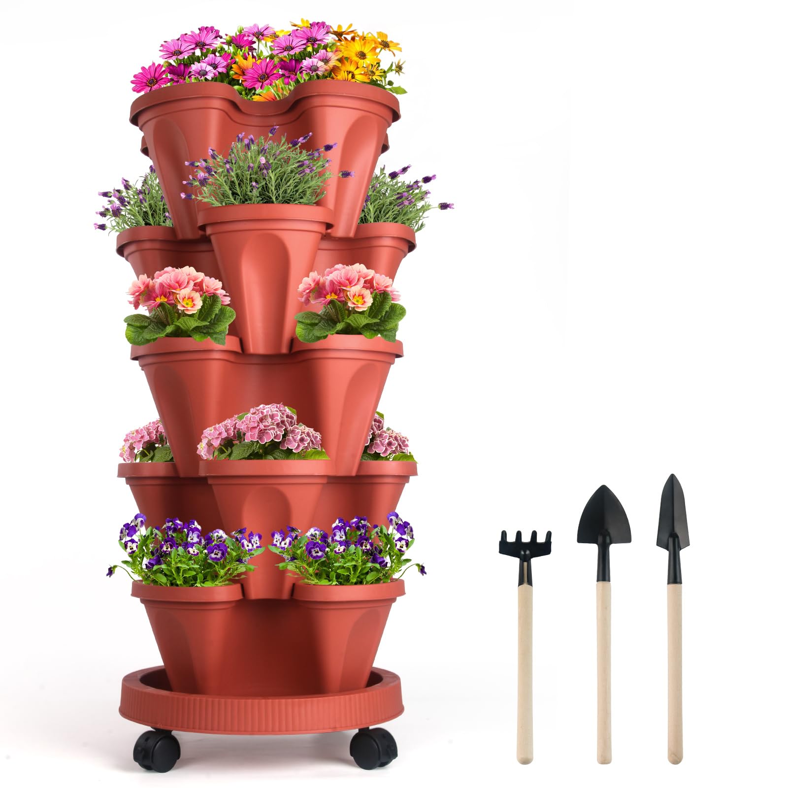 DUNCHATY Stackable Planter with Removable Wheels and Garden Tools, Garden Planting Tower Planters, Indoor Outdoor Gardening Pots - 5 Tier Vertical Garden Planter