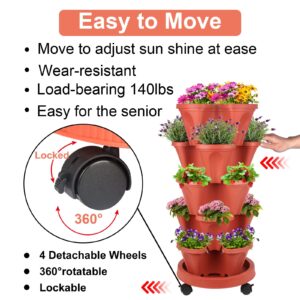 DUNCHATY Stackable Planter with Removable Wheels and Garden Tools, Garden Planting Tower Planters, Indoor Outdoor Gardening Pots - 5 Tier Vertical Garden Planter