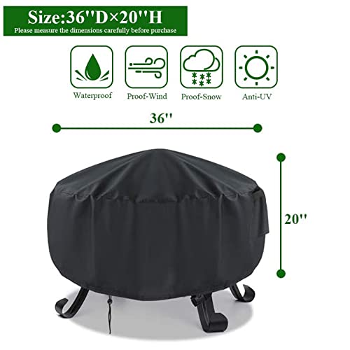 TwoPone Fire Pit Cover Round, 36 Inch Round Firepit Covers for Outdoor, Upgraded Waterproof 600D Fireplace Cover Black